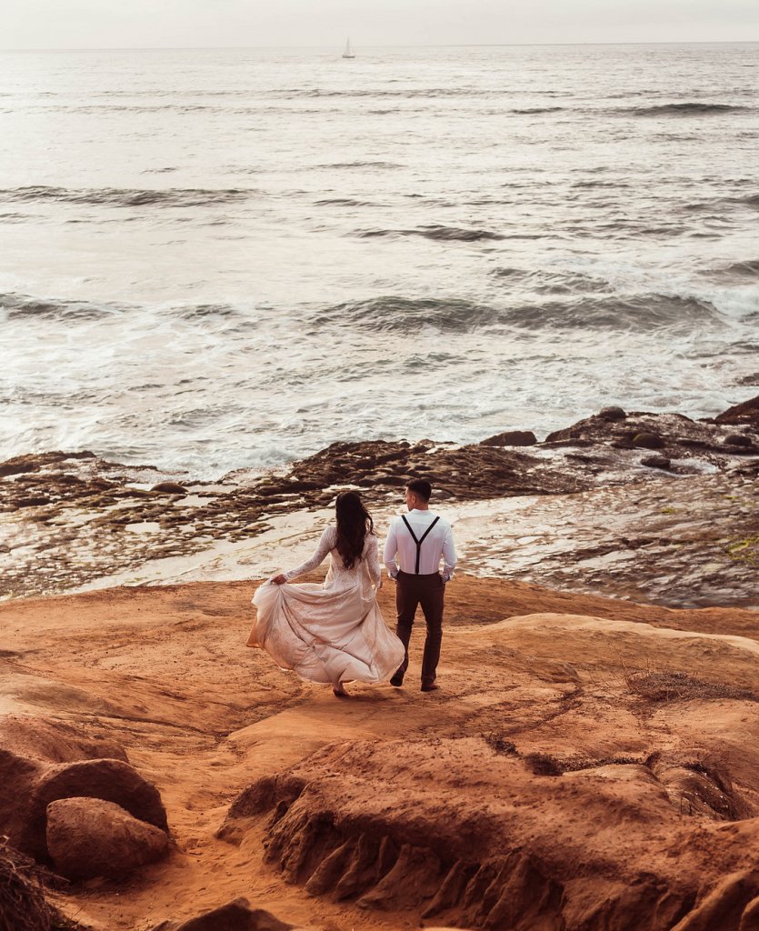 bride and groom on beach