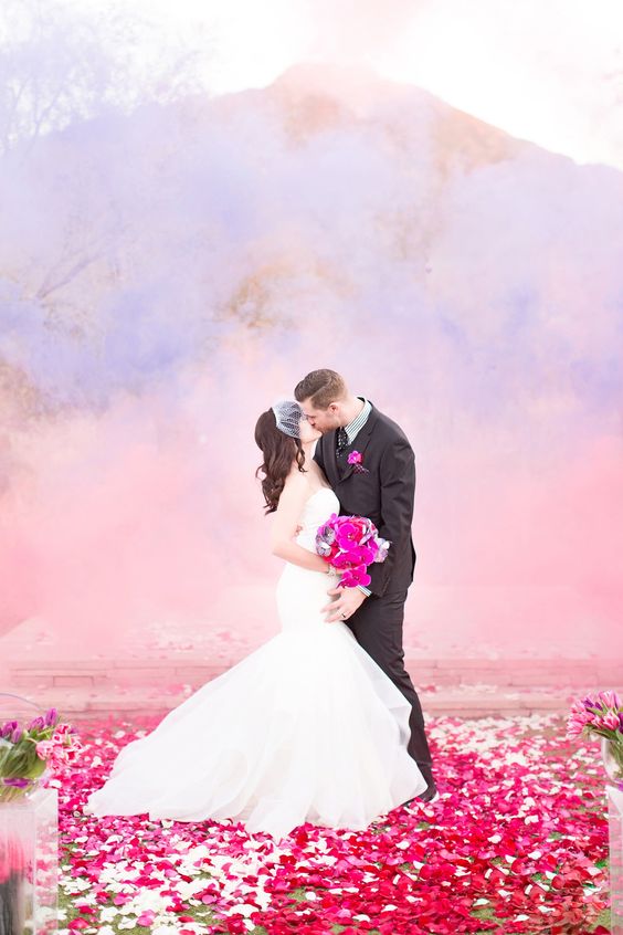 pink and purple smoke bomb wedding photo