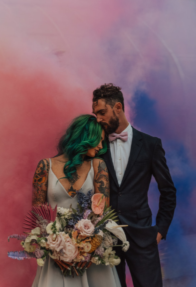 Smoke color bomb wedding photo