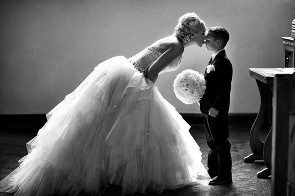 bride with son before wedding ceremony