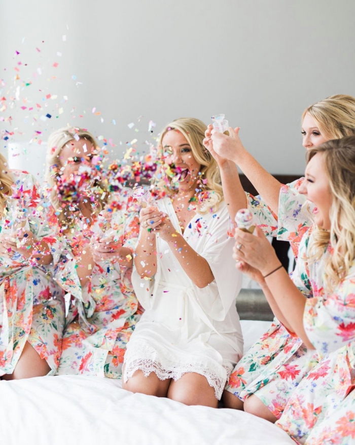 bridesmaid getting ready photo with confetti