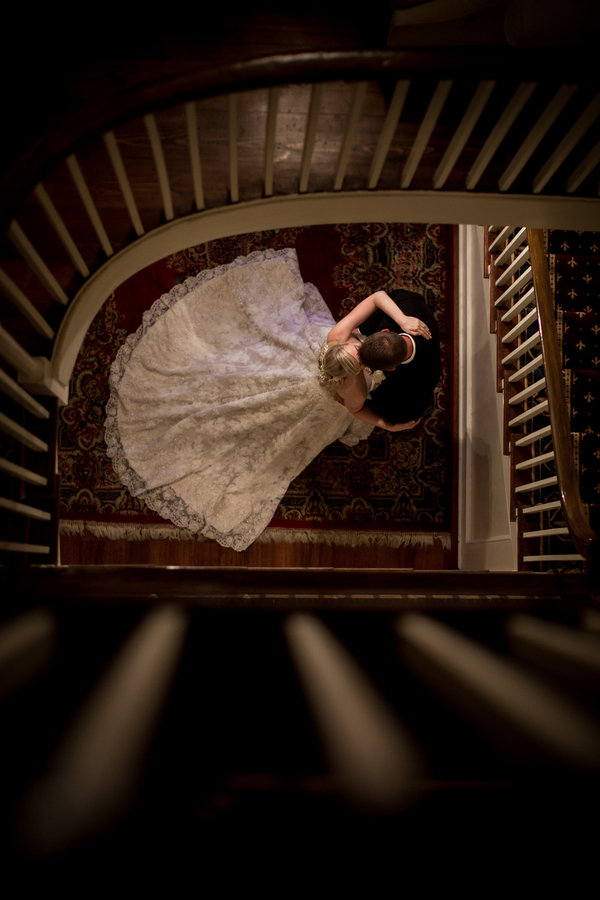 romantic overhead photo of bride and groom