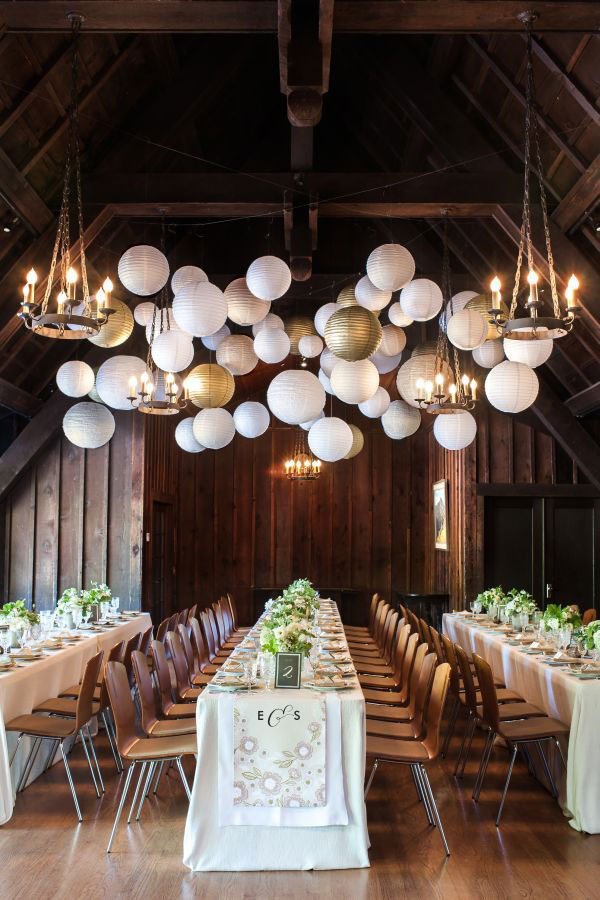 metallic paper lanterns with neutral color palette