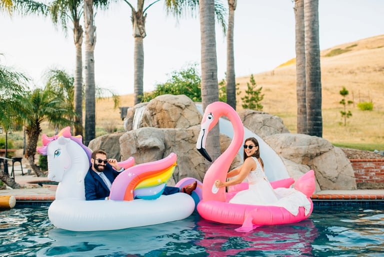 pool floats wedding photo