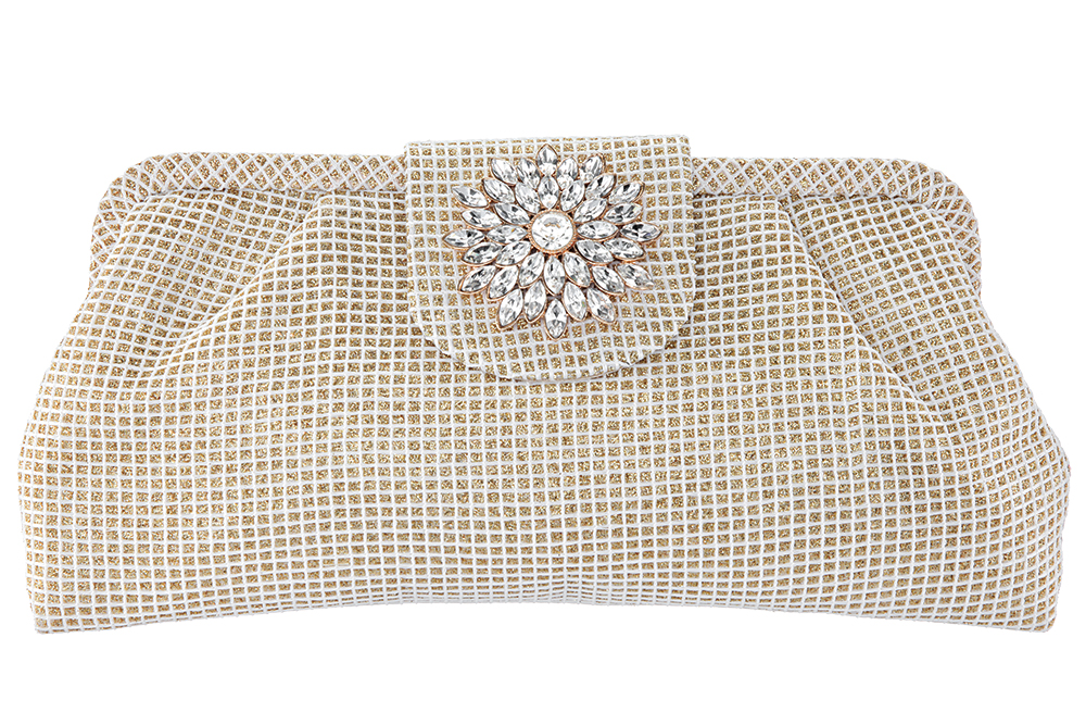 Crystal embellished metallic gold clutch by Nina