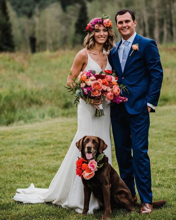 dog with matching floral collar