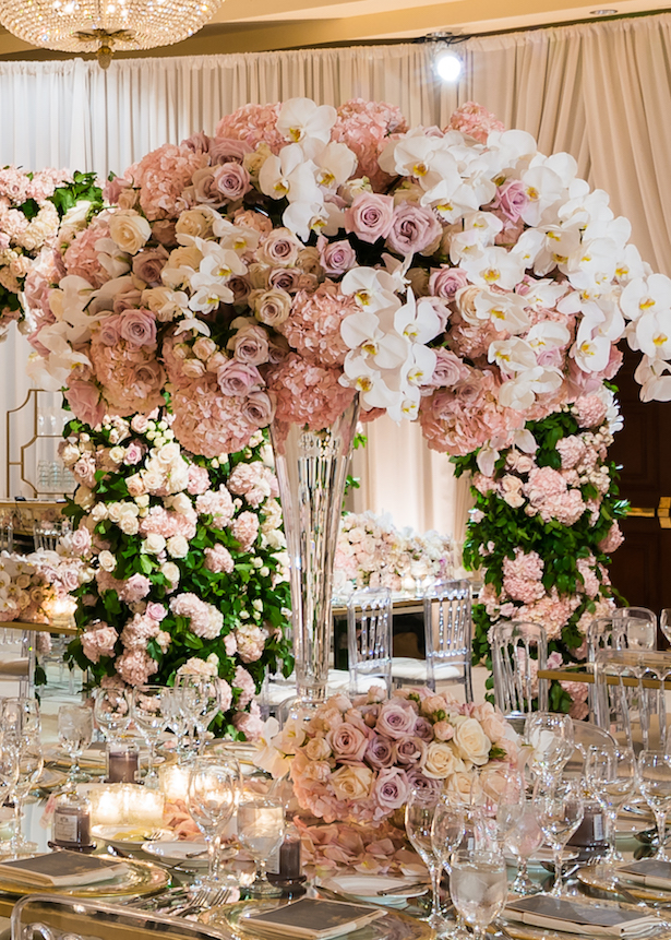 rose, hydrangea, and orchid wedding centerpiece