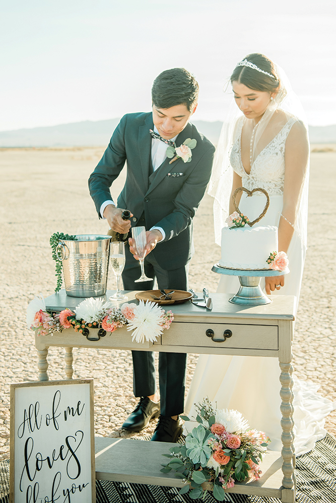 bride and groom on beach