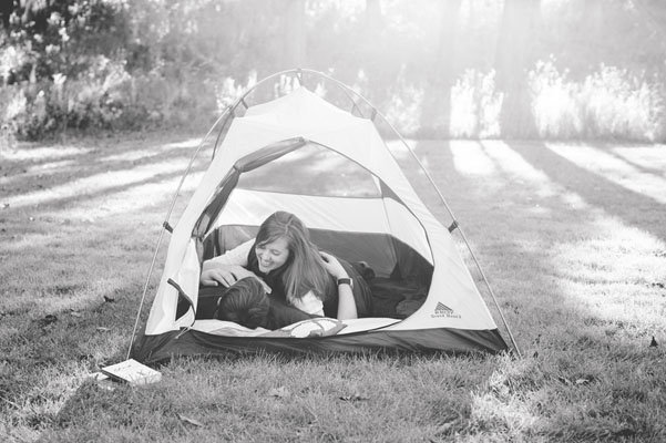 camping theme engagement photos