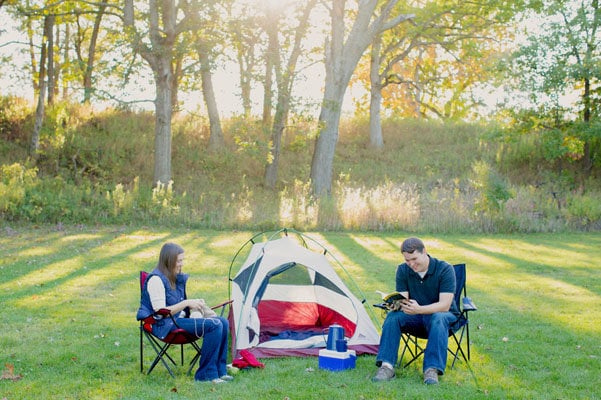 camping theme engagement photos