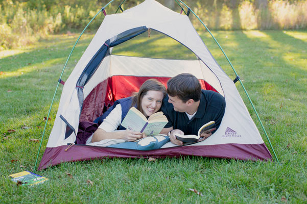 camping theme engagement photos