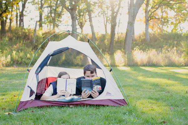 camping theme engagement photos