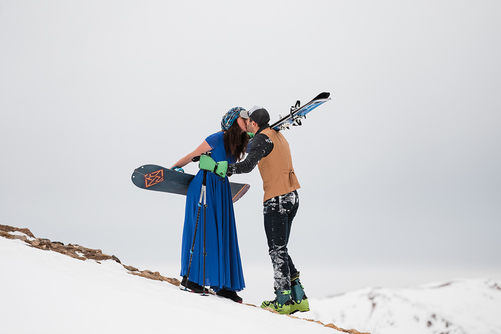 Snowboarding wedding photo