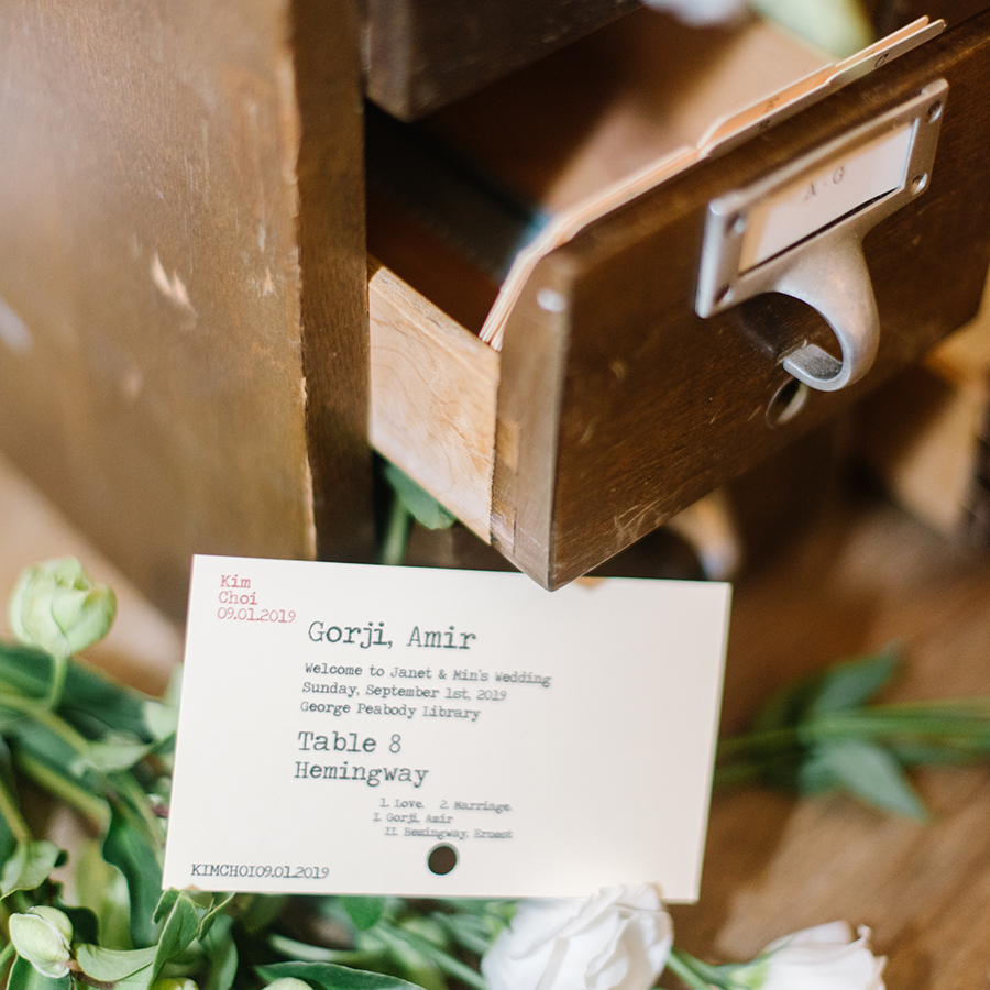 Library card wedding escort card