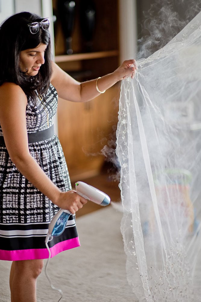 steaming wedding dress