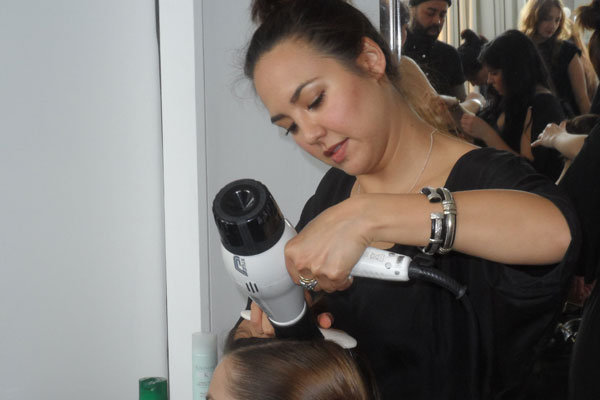 blowdrying hair at marchesa