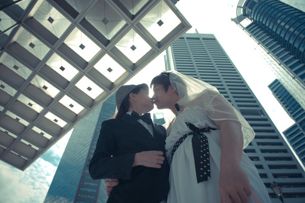 bride and groom switch clothes