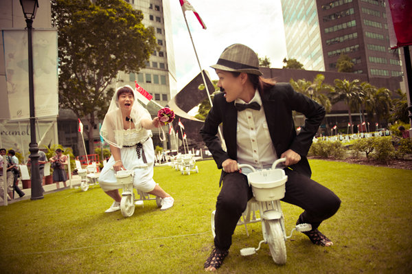 bride and groom switch clothes