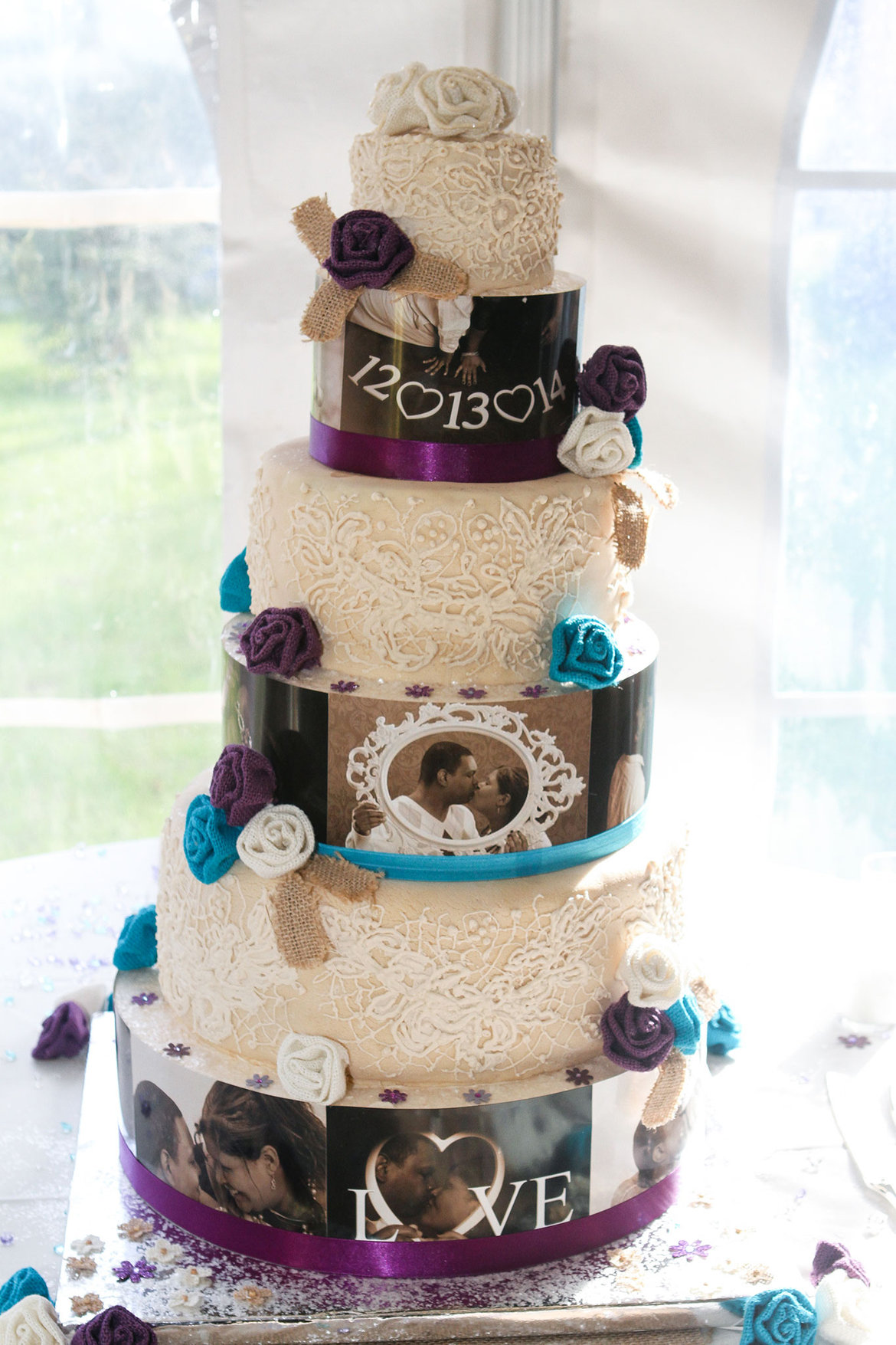 wedding cake decorated with engagement photos