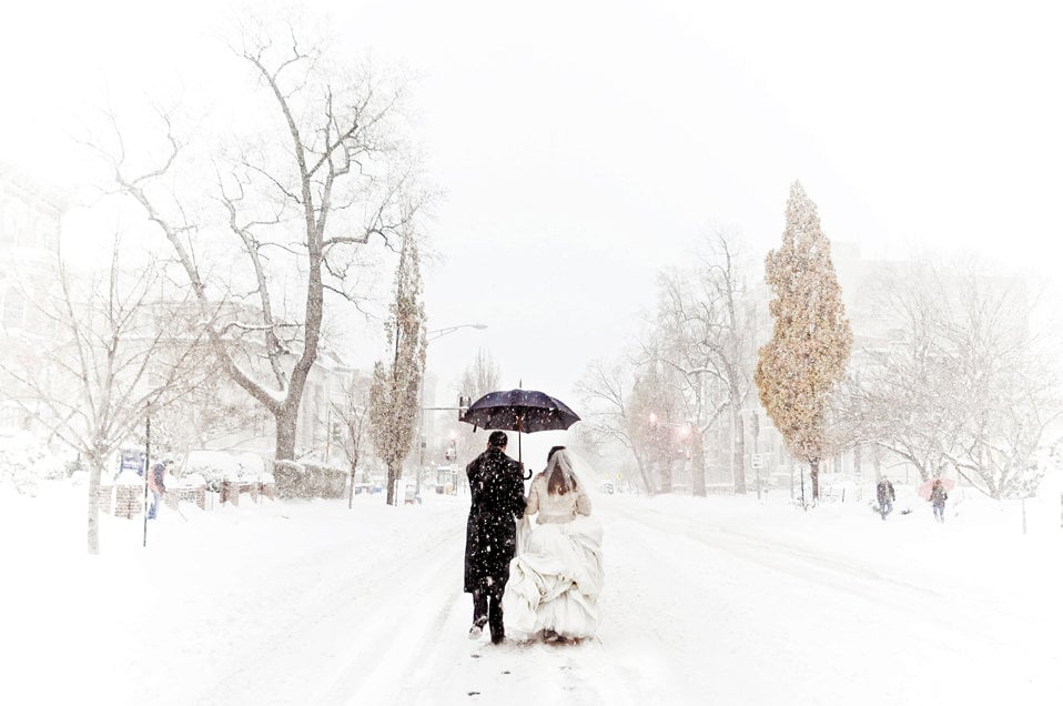 snowy winter wedding photo